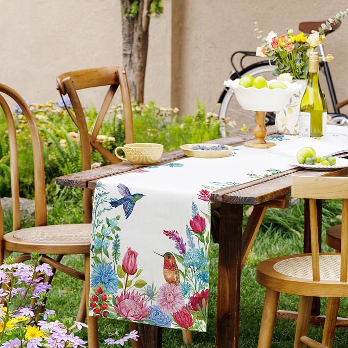 Summer Floral Hummingbird Table Runner Green Leaves Burlap Table Runners - Image 8