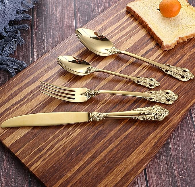 Gold Silverware Set 18/10 Stainless Steel Flatware Sets Palace Style 56 Piece Delicate Cutlery Set for 14 Durable Home Kitchen Wedding Tableware Utensil Include Knifes Teaspoons Forks and Spoons
