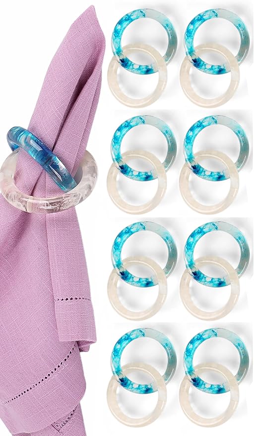 CLEENTABLE Epoxy Resin Napkin Ring - Set of 8 Interlocked Handmade Farmhouse Table Decor for Dining, Weddings, Holidays - Durable Elegant Napkin Holders for Special Occasion Blue Opaque