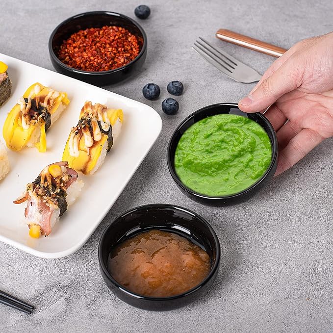 DELLING 8 PACK Dipping Bowls Set, Ceramic Dipping Sauce Dishes, 3.5 Oz Soy Sauce Dish, Side Dish Bowls, Small Bowl/Dish for BBQ, Condiments, Appetizer, Dessert, Sushi, Party - Black