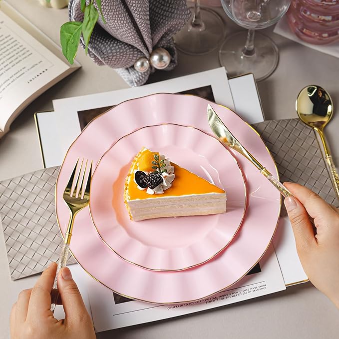 120PCS Pink Plastic Plates, Heavy Duty Disposable Party Plates with Gold Rim, Fancy 60 Dinner & 60 Dessert Plates for Parties and Wedding