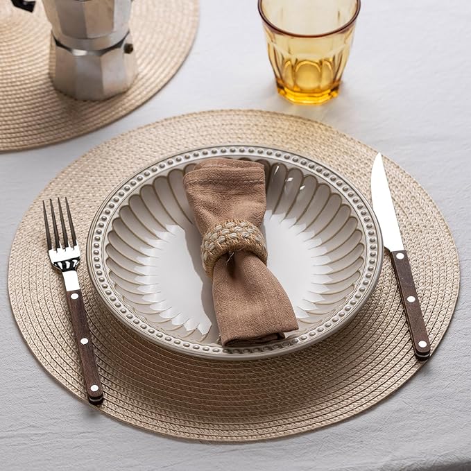 Round Placemats Set of 12 Plastic Woven Placemats Washable Wipeable Table Mats for Dining Table Heat Resistant Non-Slip Circle Place Mats (Beige)