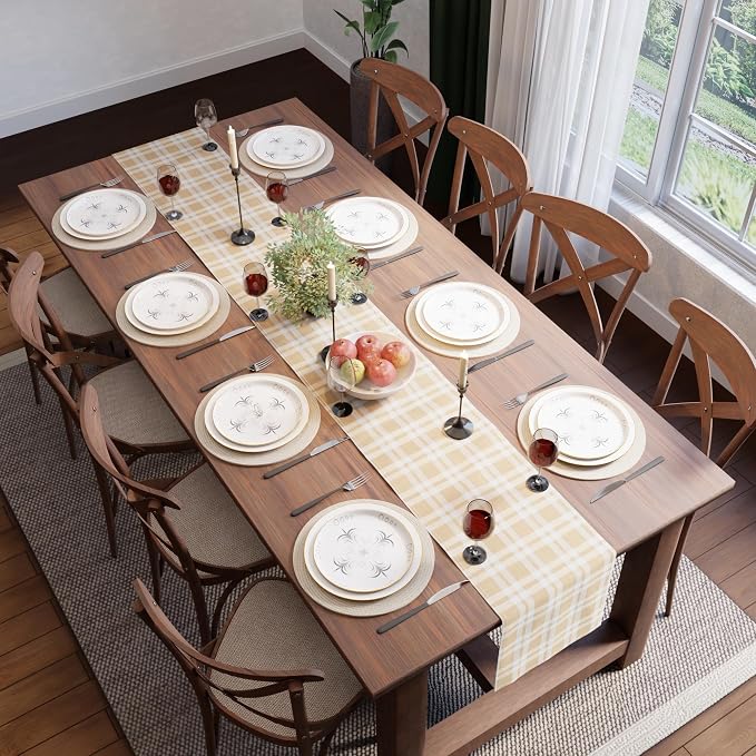 Encasa XO Table Runner, Woven Cotton Dining Runner 13"x120" Franca Beige Checks - Image 5
