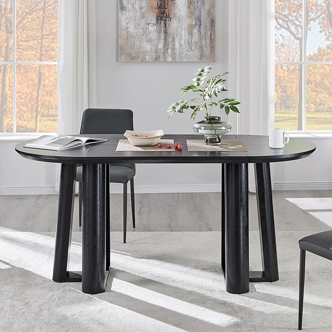 OKD 63" Dining Table for 6-8, Oval Dining Room Table with Triangular Structure Pedestal Stable Base, Curved Table Edge, Circle Kitchen Tables for Dining Room, Kitchen, Black Oak