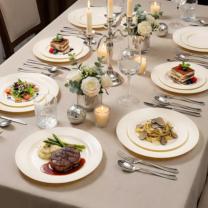 I00000 100 Pcs Ivory Plastic Plates,10inch Cream Dinner Plate, Elegant Disposable Plates Perfect for Birthday, Party,Wedding, Baby & Bridal Shower (100 Guests)