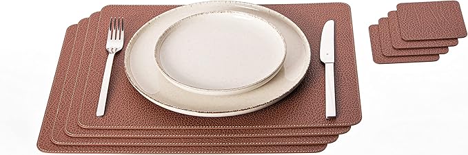 Nikalaz Set of 4 Placemats and 4 Coasters Made of Recycled Leather (18''x13'', Dirty Brown)