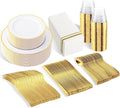 SUT 350 PCS Elegant White and Gold Disposable Dinnerware Set - Premium Dinner & Salad Plates, Cups, Napkins & Cutlery for 50 Guests - All-Inclusive Party Plastic Plates