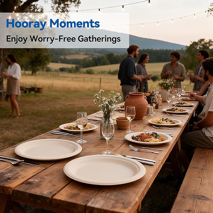 10 Inch Heavy Duty Paper Plates 150 Pack – Compostable, Eco-Friendly, Biodegradable Sugarcane & Bamboo Fiber, Sturdy Disposable Plates for Party, Camping & Everyday Use