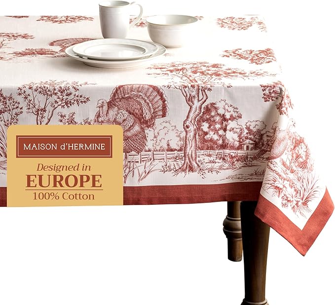 Maison d' Hermine Table Cloth Square Table 100% Cotton 60 x 60 Inches Fall Tablecloth Reusable Everyday Use for Thanksgiving Christmas Decorations Dining Farmhouse Party (Holy Jouy - Red)