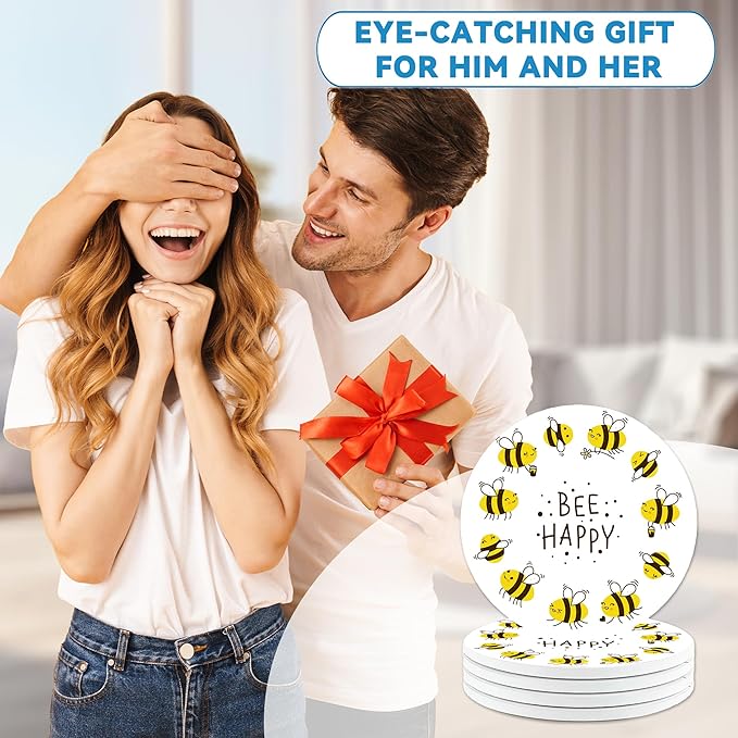 Bee Coasters Set of 4, Absorbent Ceramic with Cork Backing, Bee Happy Coaster Mats for Drinks, Ideal Gifts for Women Men