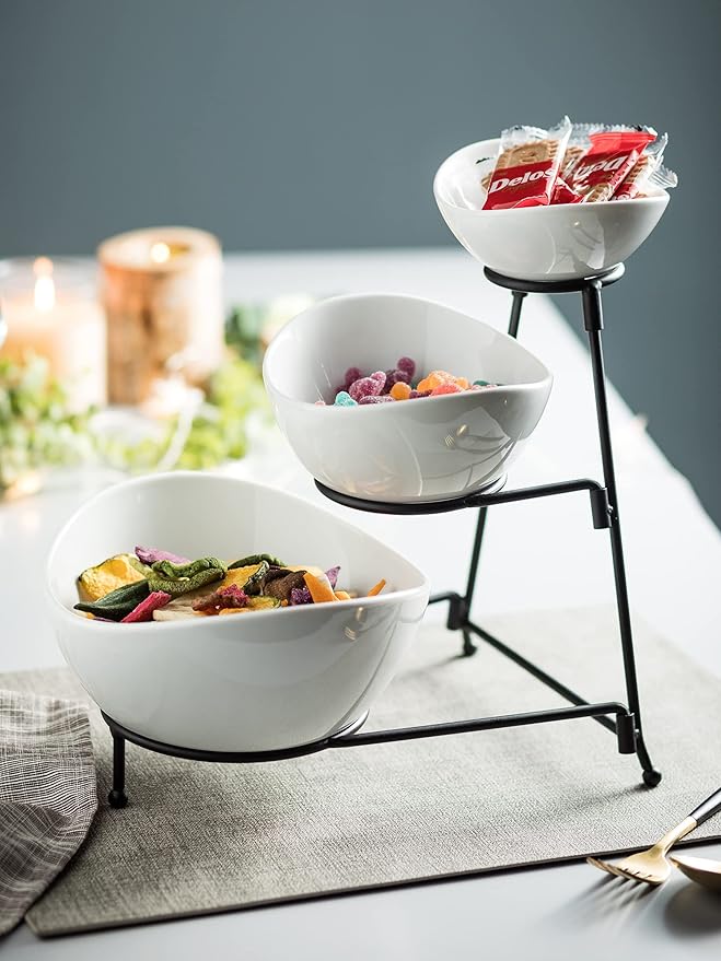 3 Tier Serving Bowls with Stand, Serving Dishes Chips and Dip Serving Set for Entertaining Party, Ceramic Serving Bowl Food Display for Fruit Salad Soup Snacks, Microwave & Dishwasher Safe