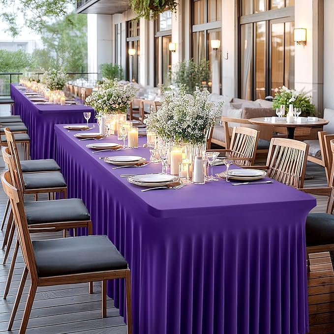 Wish Care 6 Pack Dark Purple Spandex Table Clothes for 8 Foot Rectangle Tables, 8FT Wrinkle Free Fitted Tablecloths Ruffles Design Table Cover for Party, Banquet, Wedding and Events