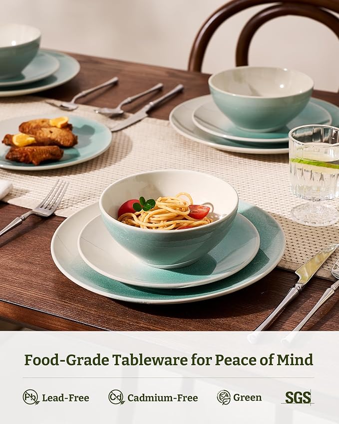 Famiware Glacier Dinnerware Sets, Plates and Bowls Dish Sets for 6 (18 Pieces), Stoneware Tableware - Dishwasher and Microwave Safe, Handcrafted Reactive Glaze, Aqua
