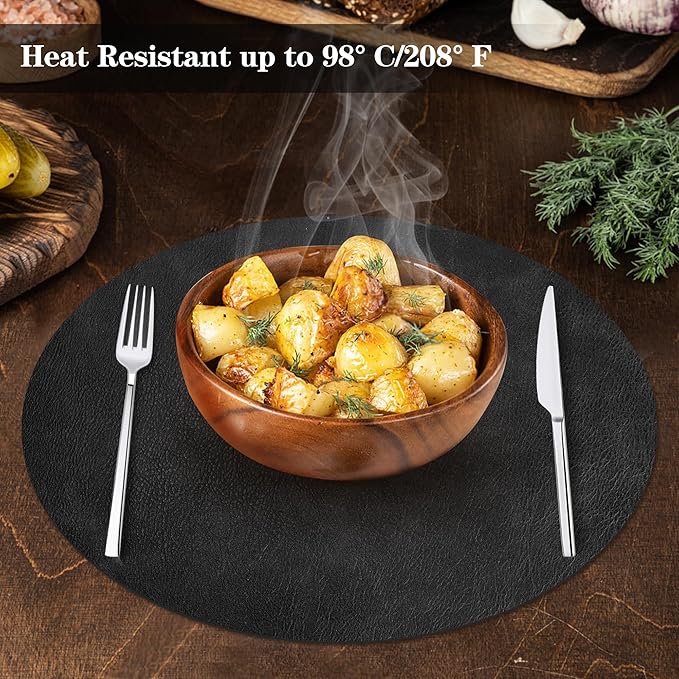 Round Placemats and Coasters Set of 6, Washable Reversible Faux Leather Placemats Cowhide Pattern Place Mats Wipeable Non-Slip 15 inch Round Kitchen Dining Table Mats (Gray Black, 6)