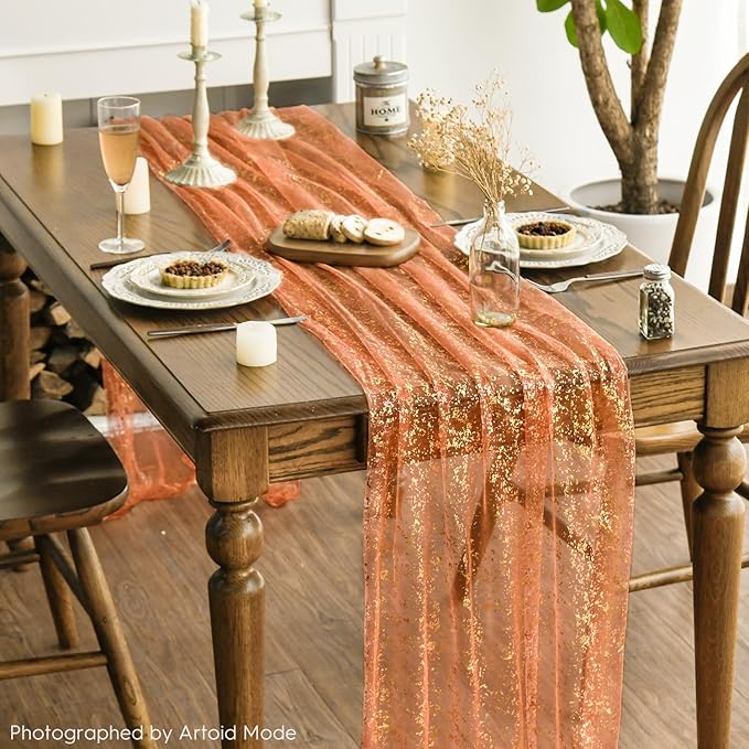 Artoid Mode 3PCS Orange Gold Gauze Table Runner 120 Inch 10FT, Glitter Metallic Foil Sheer Dining Wedding Anniversary Holiday Table Decor for Home Party