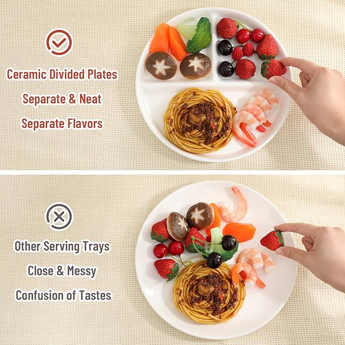 Lounsweer Set of 4 Pcs Portion Control Plate Ceramic Divided Bariatric Plates 3 Compartment Reusable Dinner Plates for Weight Loss Balanced Meal (8 Inch)