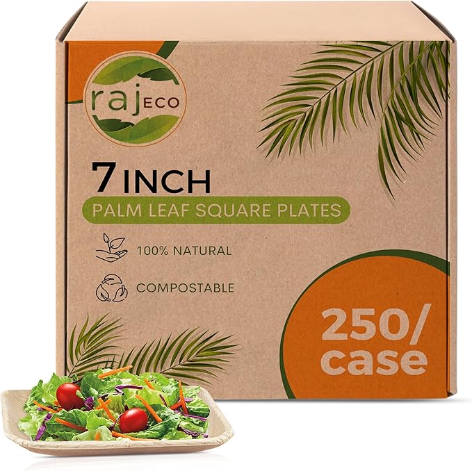 Raj Palm Leaf Plates Bulk [50-Pack] 7" Square Plates(5 CASES - 250 PACK) like Bamboo plates Disposable, Strong, Decorative Compostable Tableware for weddings, Lunch, Dinner, Birthday, Camping