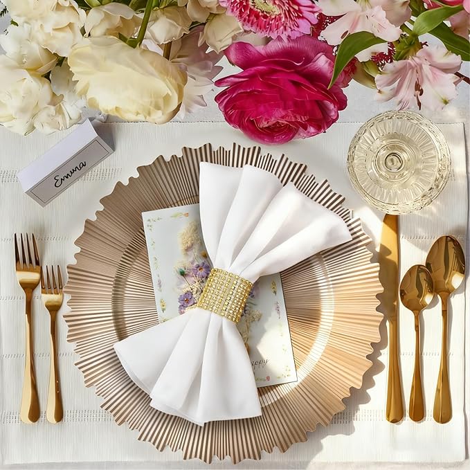 PROY 100 Pcs 13 Inch Gold Charger Plates Bulk, Elegant Fluted Edge Plastic Charger Plates Reusable Table Chargers, Round Gold Chargers Dinner Plate Wedding Decoration