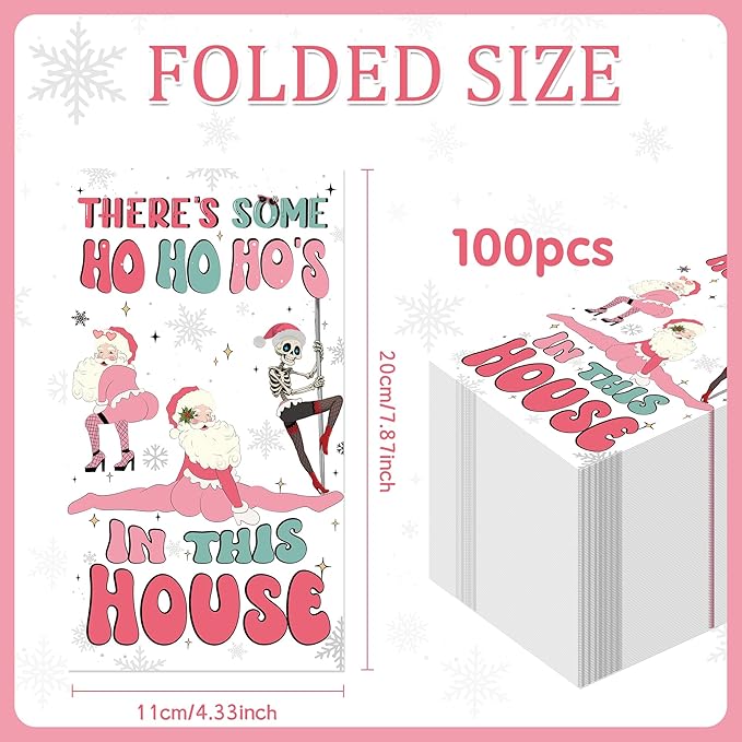 Theres Some Ho Ho Hos in This House Napkins - 100 Pcs Pink Friendmas Christmas Party Decorations Funny Santa Cocktail Disposable Paper Dinner Holiday Table Party Supplies Decor for Adults