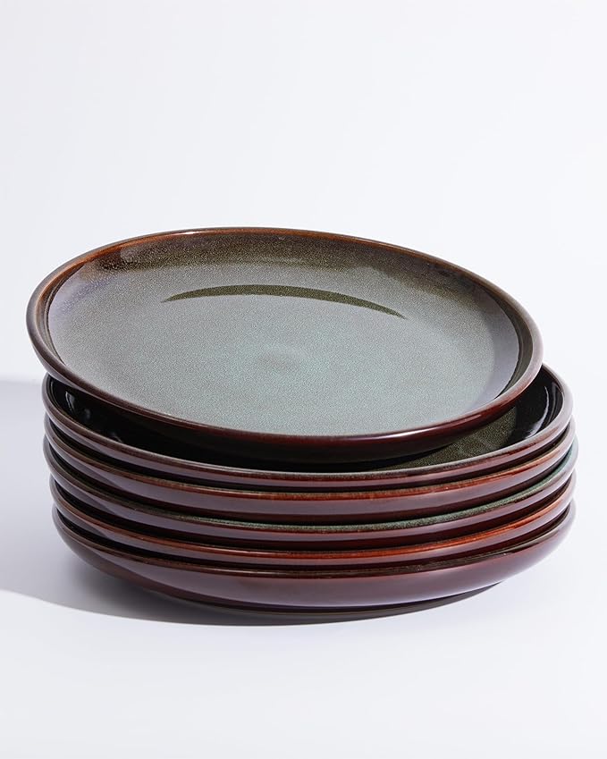 Ceramic Dinner Plates Set of 6, 10 Inch Handmade Reactive Glaze Stoneware Plates, Modern Rustic Dinnerware, Microwave & Dishwasher Safe, Scratch Resistant-Brown and Green