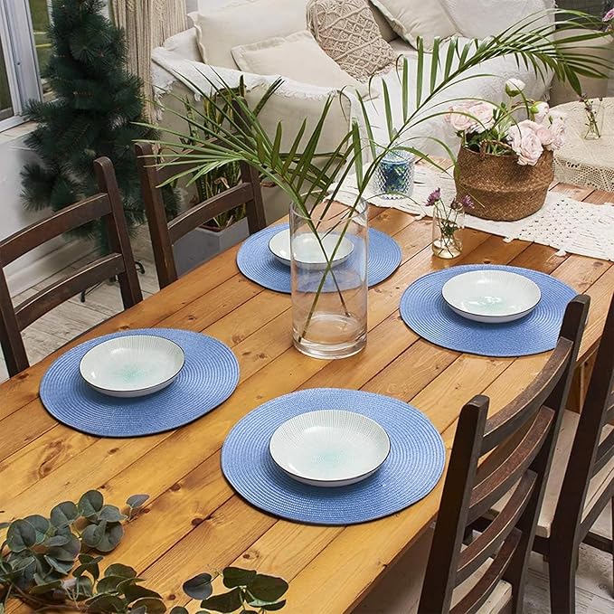 AHHFSMEI Round Braided Placemats 15 Inch Round Table Mats for Dining Tables Natural Woven Heat Resistant Place mats Set of 6 (Sky Blue)
