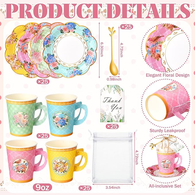 125 Pcs Tea Party Favors Set Floral Paper Teacups - Image 3