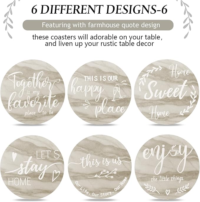 Queekay Coasters Set of 6 House Warming Gifts New Home Wooden Farmhouse Drink - Image 4