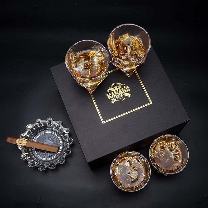 KANARS Whiskey Glasses Set of 4, 10 Oz Crystal Old Fashioned Cocktail Glass in Gift Box, Twisted Lowball Bourbon Tumbler for Scotch Whisky Cognac, Rock Barware for Men Gift Christmas