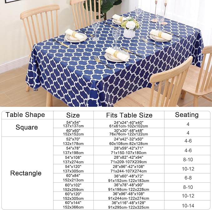 Smiry Rectangle Table Cloth, Waterproof Vinyl Tablecloth with Flannel Backing for Rectangle Tables, Wipeable Spillproof Plastic Tablecloths for Dining, Camping, Indoor and Outdoor (52"x70", Navy)