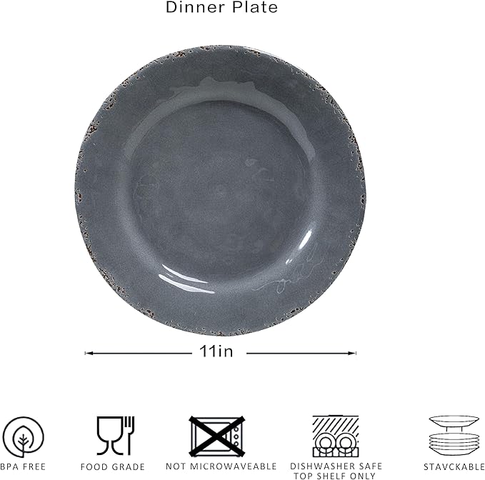 Farmhouse Melamine Dinner Plates Set of 6,Break and Chip Resistant Kitchen Plates, BPA Free 6pcs Dinner Dishes Set, 11 Inch Lightweight larger Melamine Salad Plates for Everyday Use, Gray…