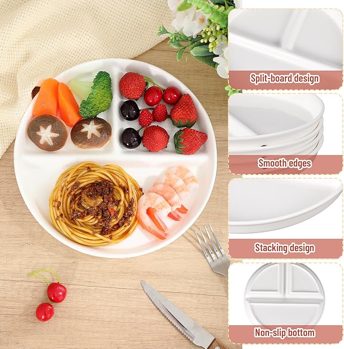Lounsweer Set of 4 Pcs Portion Control Plate Ceramic Divided Bariatric Plates 3 Compartment Reusable Dinner Plates for Weight Loss Balanced Meal (9.5 Inch)