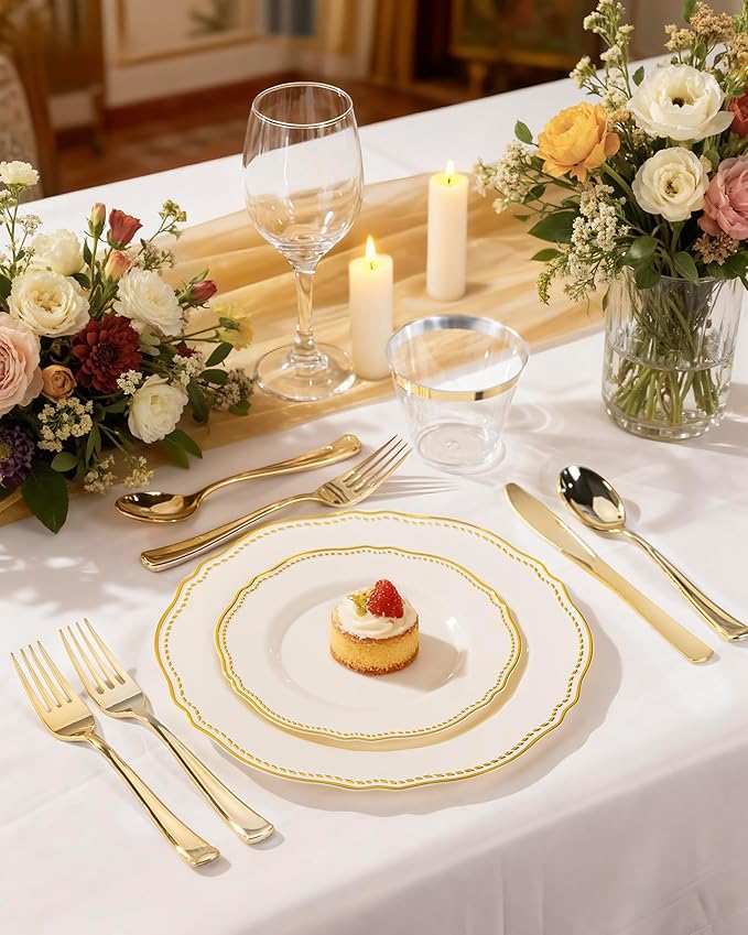 Hioasis 60PCS Ivory Plastic Plates - Ivory and Gold Disposable Dinnerware with Gold Rim, Heavy-duty, 7 inch, Dessert Plates for Party & Wedding