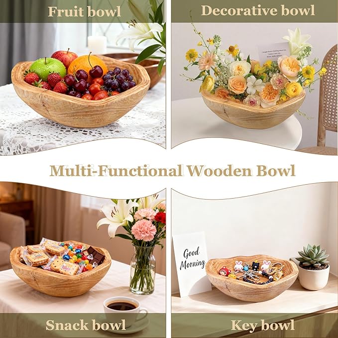 Handmade Wood Fruit Bowl for Kitchen Counter - 10-12in Irregular Wooden Decorative Bowl,Wooden Serving Bowl for Salads Snacks Keys Home Decor (10-12in/25-29cm)