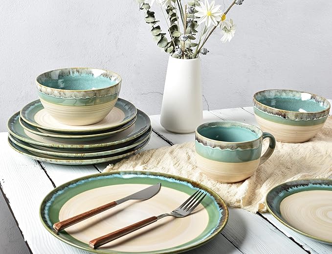 Bosmarlin Stoneware Dinner Plates, 8.5 inches, Set of 4 for Salad, Pasta, Dessert, Microwave and Dishwasher Safe (Green, 8.5 in)