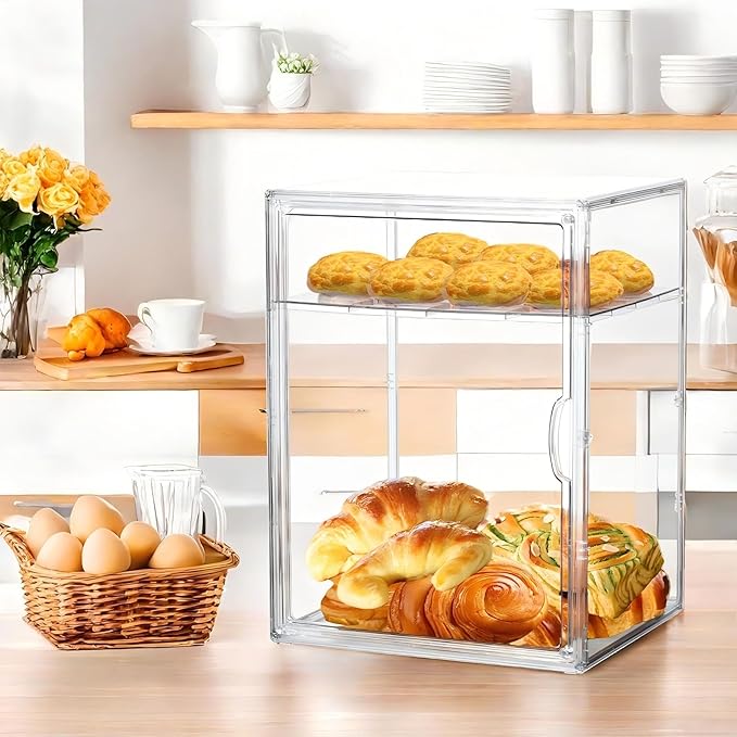 Attelite Pastry Display Case,2 Pack 4 Layers Adjustable Clear Bread Box for Kitchen Countertop,Bread Storage with Magnetic Door Bakery Pastry Display15.5x11.4x9.8inch