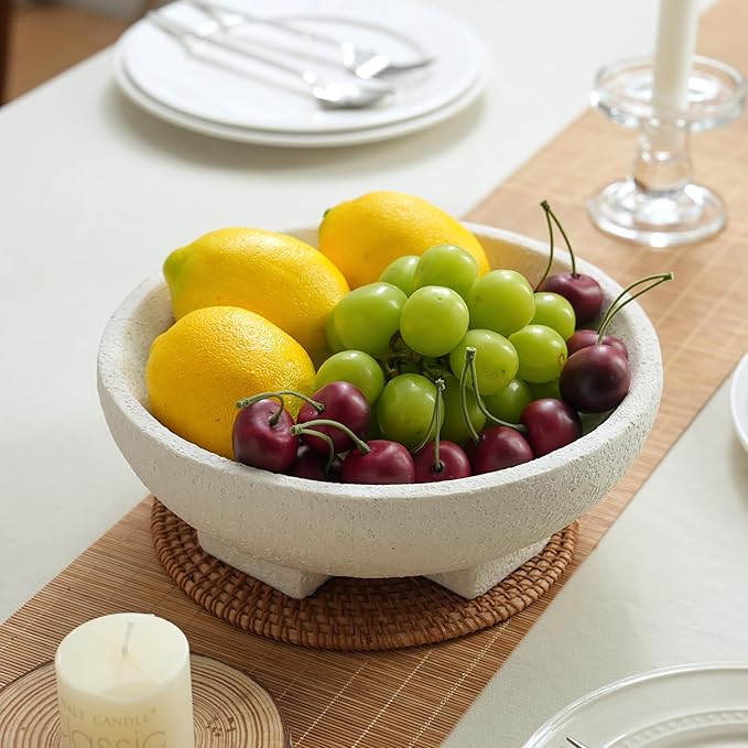 Beige Decorative Bowl, Large Fruit Bowl for Kitchen Counter, Resin Pedestal Key Bowls for Entryway Table, Coffee Table Centerpiece