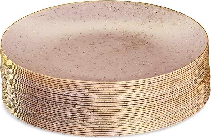 PLASTICPRO 30 Pack Disposable Plastic Plates Heavyweight Granite Look Elegant 10 inch Dinner Plates Pink with Gold Rim