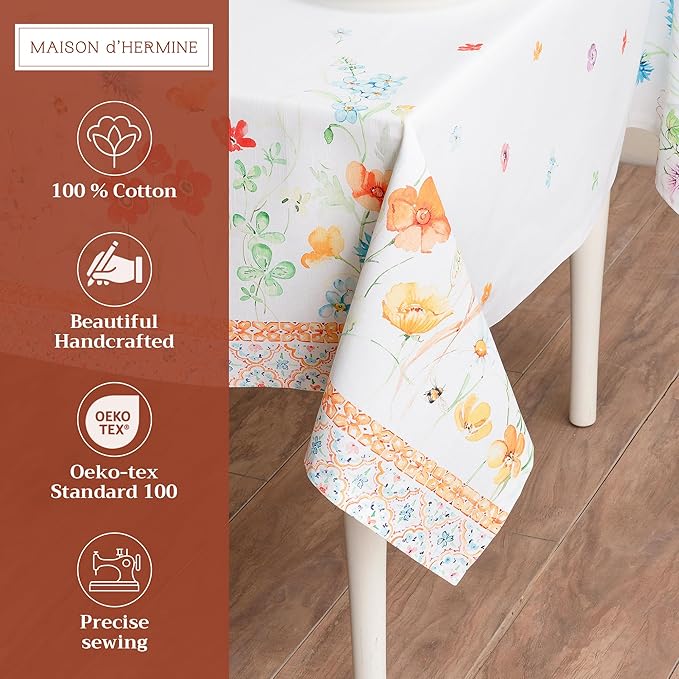 Maison d' Hermine Table Cloth Rectangle Table 100% Cotton 70 x 140 Inches Tablecloth Reusable Decorative for Dining Room Farmhouse Home Valentines Day Decorations Spring Summer - Summer Whisper