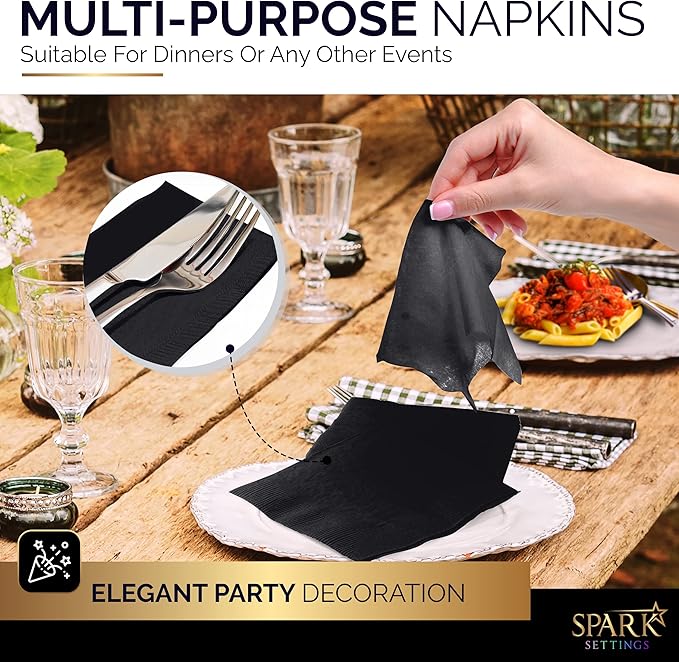 100 Pack Black Beverage Napkins, Big Party Pack, 2 Ply, Ideal for Wedding, Party, Birthday, Dinner, Lunch, Cocktails. (5” x 5”) by Amcrate
