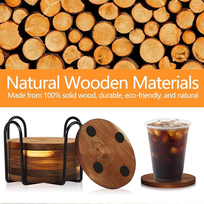 30 Pcs Wood Coasters with Holder, Wooden Coasters for Drinks Absorbent, Drink Coasters for Coffee Table, Modern Home Decor, Coaster Set for Table Protection, Office, Bar