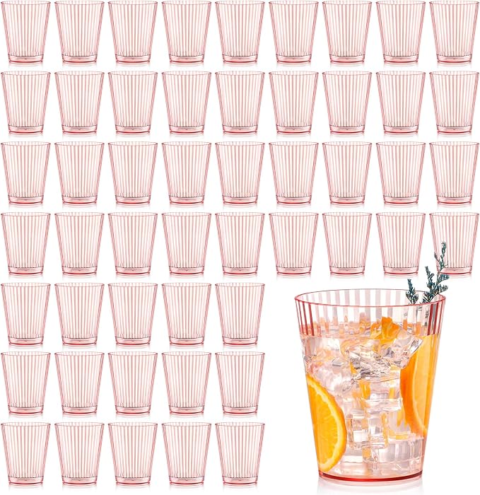 48 PCS Plastic Ribbed Drinking Glasses Pink 10oz Vintage Ripple Stemless Wine by SHIQIKEJIPTY