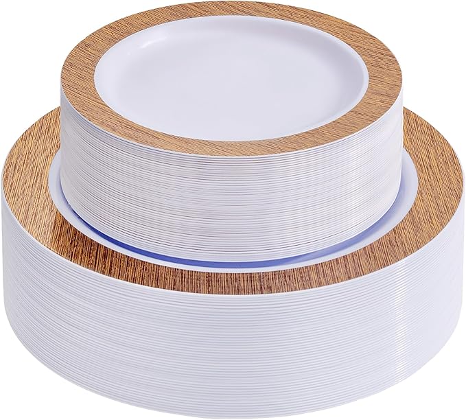 I00000 102 Pcs Wood Grain Brown Plastic Plates, Brown Party Plates Premium Plastic Disposable Plate Disposable Include 51 Dinner Platos 10" & 51 Dessert Platos 7", Elegant Wood Grain Design for Party