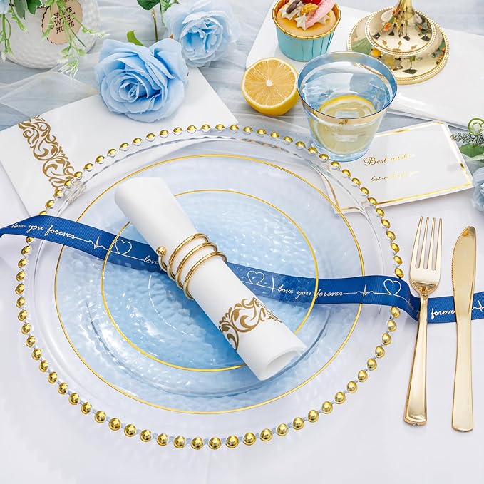Rubtlamp 350 Pcs Clear Blue Plastic Plates, Blue Gold Plastic Dinnerware Set (50 Guests), Blue Disposable Plates With Gold Rim, Hammered Party Plates Set for Wedding And Party