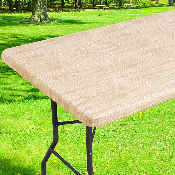 Smiry Rectangle Picnic Tablecloth, Waterproof Elastic Fitted Table Covers for 4 Foot Tables, Wipeable Flannel Backed Vinyl Tablecloths for Camping, Indoor, Outdoor (Beige, 30x48 Inches)