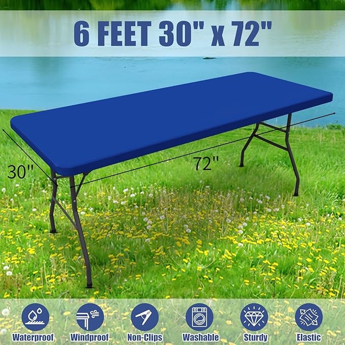 Spandex 6 Foot Rectangle Table Cloth 2 Pack, Elastic Fitted Tablecloths for Picnic, Stretch Washable Patio Table Cover for Outdoor, Camping, Banquet and Parties (Blue, 30"x72")