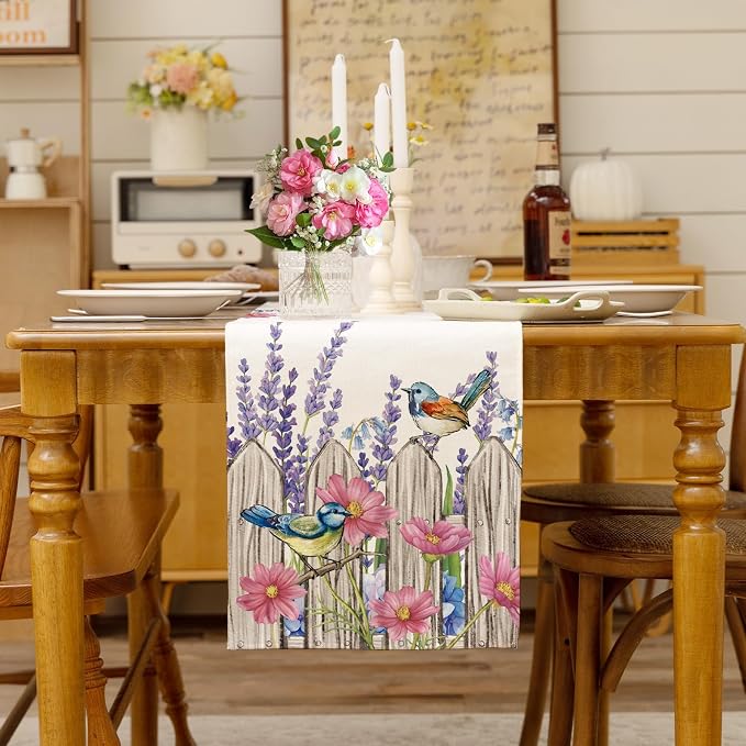 Summer Garden Floral Table Runner Birds Burlap Table Runners, Spring Lavender - Image 3
