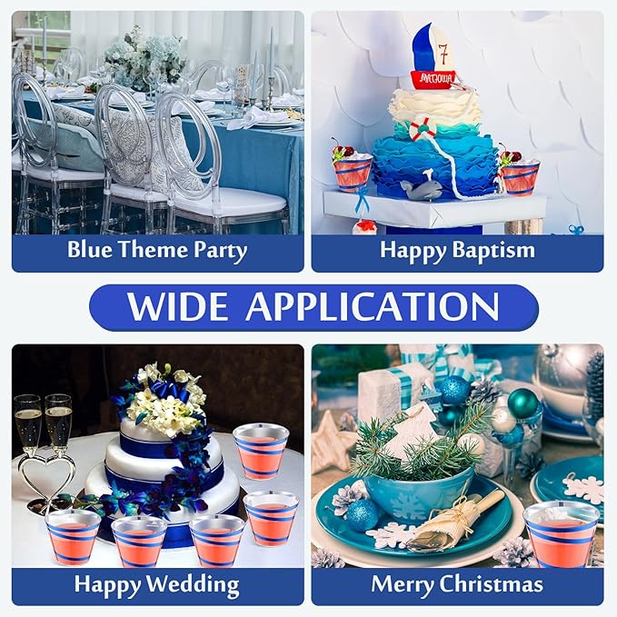 Gejoy 9 oz Rimmed Swirl Plastic Cups Disposable Wine Drinking Cups Clear Elegant Halloween Tumblers for Christmas Party Supplies(Blue,50 Pcs)