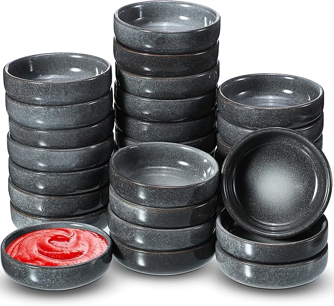 Roshtia 30 Pieces Ceramic Soy Sauce Dish 3.5 Inch Porcelain Dipping Bowls 3oz Multipurpose Small Bowl Mini Serving Dinnerware for Pinch Seasoning Appetizer Soy Sushi(Gray)