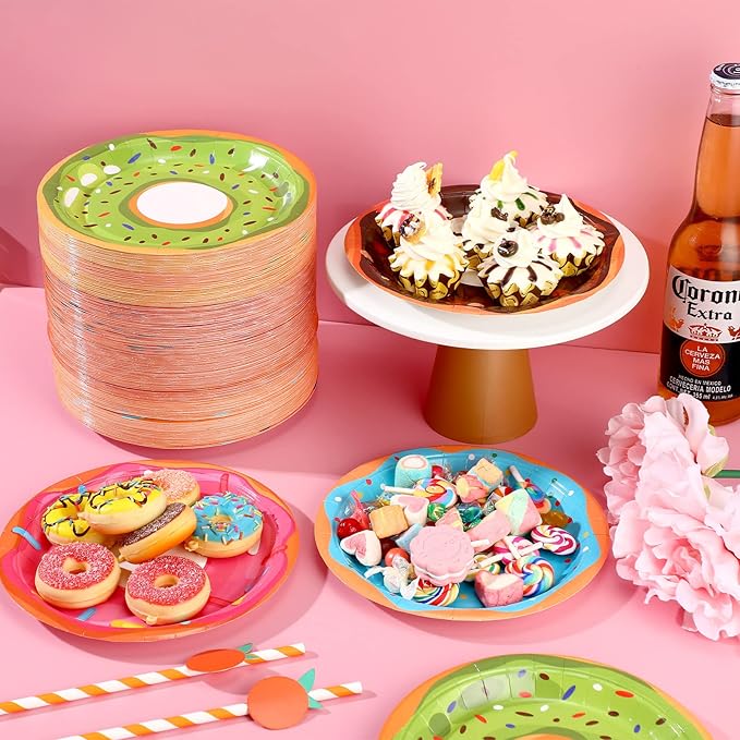 Huwena 100 Pcs Donut Paper Plates 7" Disposable Donut Party Plates Colorful Cute Serving Trays Snack Platter for Theme Birthday Assorted Designs Party Supplies