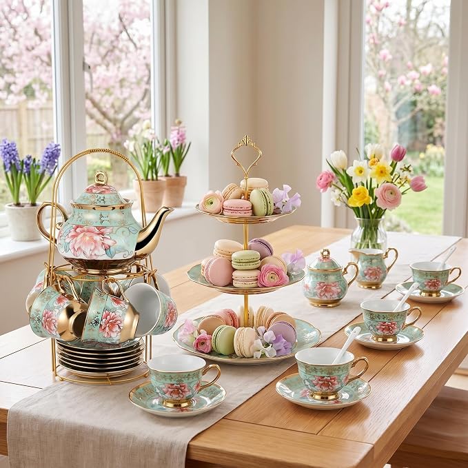 21 Pcs Porcelain Tea Set for Women Tea Party - Image 3